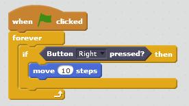 Button pressed? This block can be used to check if one of the five buttons (Up, Down, Left, Right or Go) on the Scratch Controller is pressed.