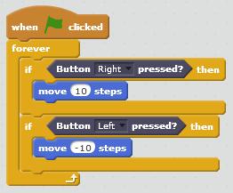 5 TTS Scratch Controller - Teacher Guide Next try adding another if then statement to see if the left button has been pressed and if so make the sprite move the other way.