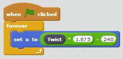 The twist control can be used to change the direction a sprite points. The twist control can provide 256 values (0 255). To make wider use of the control a little maths needs to be applied.