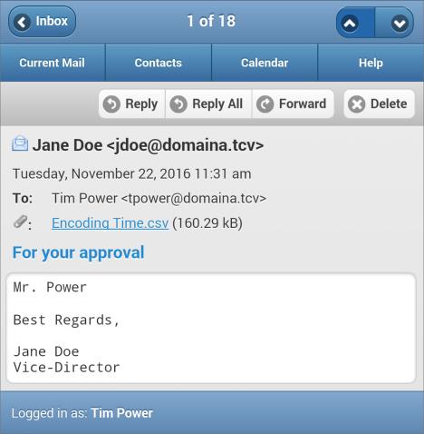 Screenshot 16: Message received in the mobile app You can perform typical message actions by using the toolbar that appears at the top of the page: Action Reply Reply All Forward Delete Resume