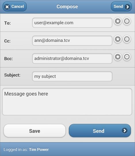 Screenshot 17: Mobile WebMail Compose screen Key in the different fields of the message: Field Description To, Cc or Bcc Enter the recipients' email addresses.