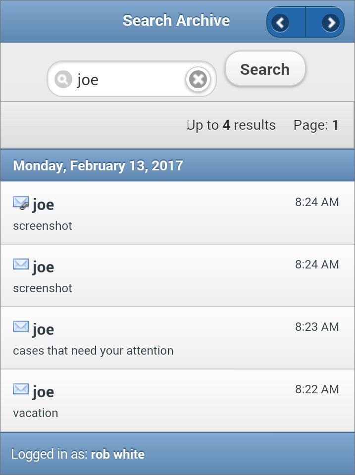 Screenshot 19: Archived emails available on the mobile app 4. The Search Archive tab shows all messages available in the GFI OneConnect Archive.