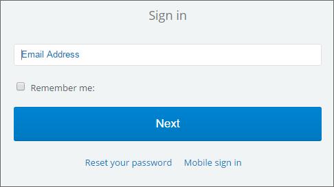 Screenshot 1: The GFI OneConnect login form 2. Enter your email address into the text field. To have your email address remembered, so you don t have to enter it again, select Remember me. Click Next.