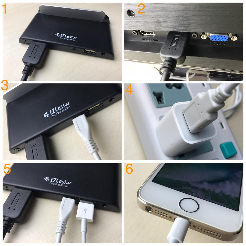For ios (iphone/ipad) Device Hardware Installation Please follow below steps to install EZCast: (1)(2) Connect EZCast and your TV (Monitor or Projector) with HDMI cable