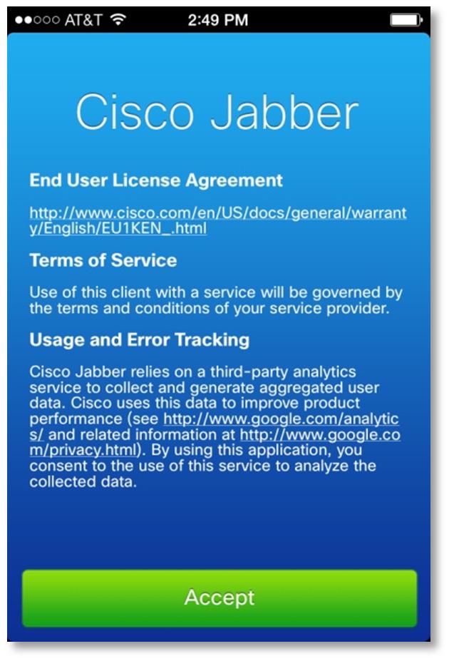 If you accept the terms, select the Accept button. The In Cisco Jabber screen displays (Figure 11).  ALL RIGHTS RESERVED. Figure 11.