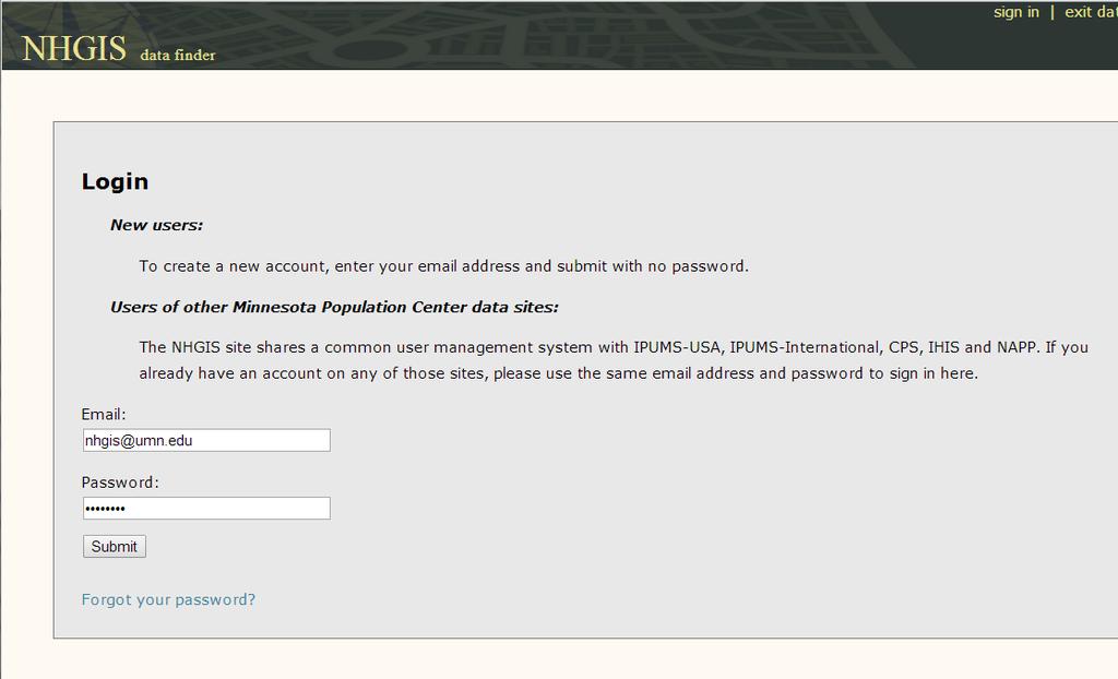 Download After submitting the extract, you will be prompted to login to NHGIS if you had not already done so.