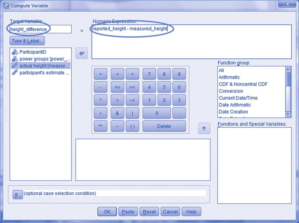 46 YOUR BASIC SPSS TOOLBOX Choosing Compute Variable will open the following dialogue box, which allows you to set up the calculations needed to create new variables using the variables you already
