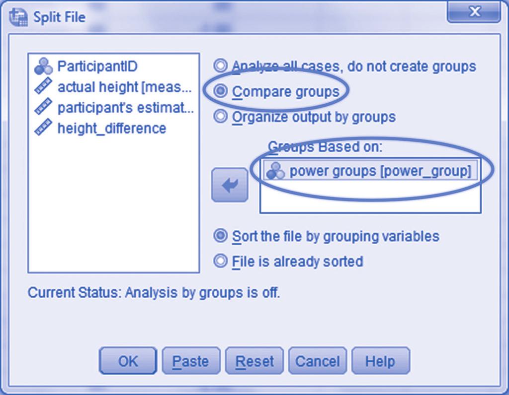 Handling Your Data in SPSS 3 The following window appears. At this point, you must then select either Compare groups or Organize output by groups.