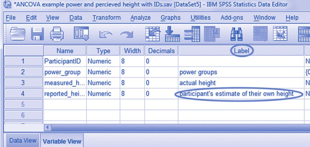 40 YOUR BASIC SPSS TOOLBOX For example, we typically copy the exact wording for any question on a survey into this column to have that information both preserved with the data and included in output