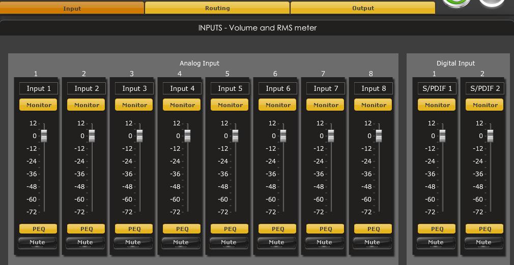 Main input page for the minidsp 10x10 plug-in The main control page can be summarized in few core sections.