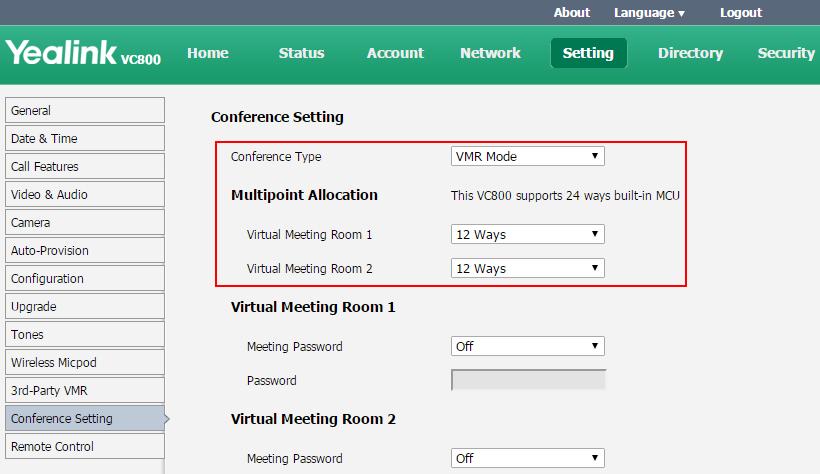 Using the VC800 Video Conferencing System For example, if you select 12, the moderator does not join this meeting, 12 participants can join the virtual meeting room 2 at most.
