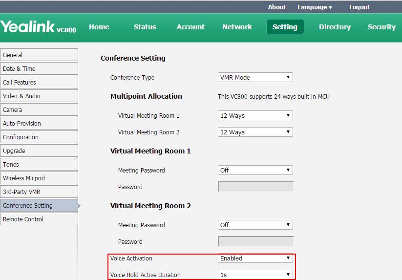 User Guide for the VC800 Video Conferencing System activation via web user interface only. To configure the voice activation via web user interface: 1. Click on Setting->Conference Setting. 2.