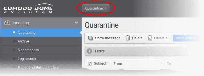 All your quarantined emails will be displayed like shown in the example below. Quarantine - Column Descriptions Column Header Description Subject The subject line of the quarantined mail.