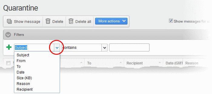 To: Filter mails based on the name or email address of the person(s) to which the mail was sent. Type the name or email address you wish to search for in the field on the right.