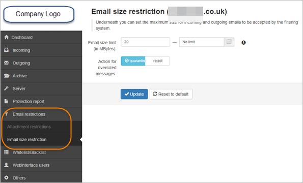 1. In the Domain Level Control Panel, select Email restrictions - Email size restriction: 2.