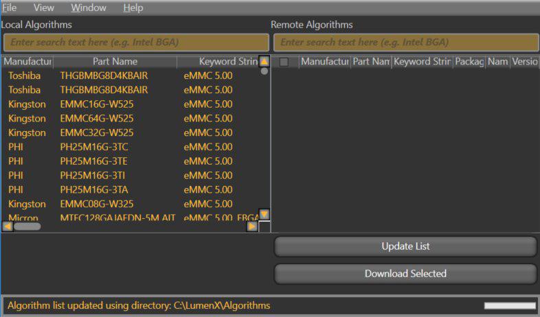 Figure 10: Data I/O s Algorithm Updater. The list on the left shows algorithm files currently installed on your PC at C:\Lumenx\Algorithms. In this view, Update List was already clicked. 5-7.