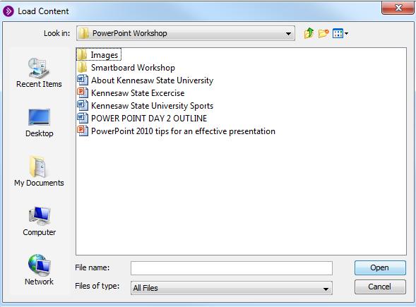 2. In the Load Content window, navigate to and select the PowerPoint file that you wish