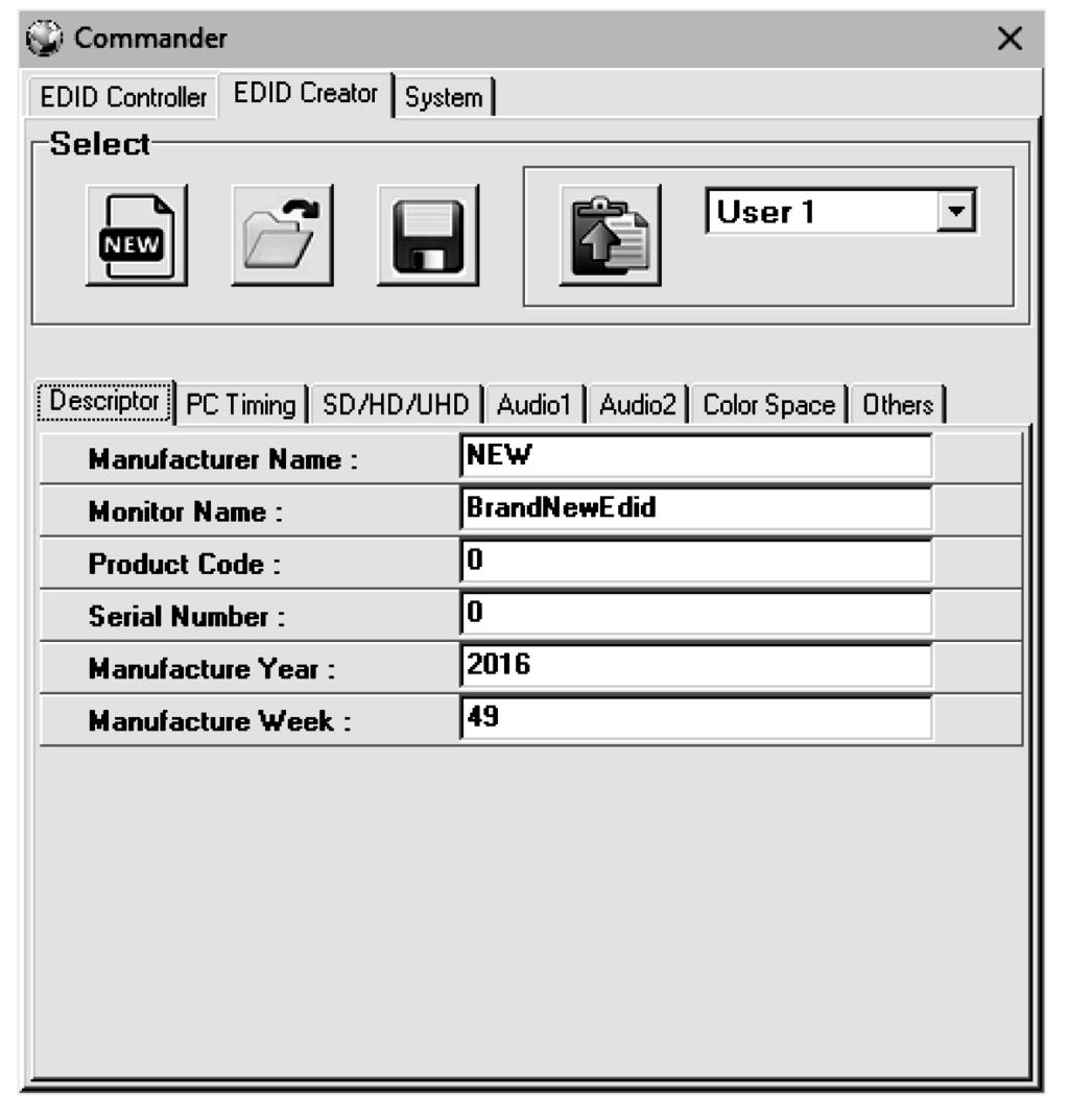 5.0 EDID CREATOR TAB Click on the EDID Creator tab to begin designing a new EDID from scratch (select the New icon), to modify an existing EDID stored on the PC as a.