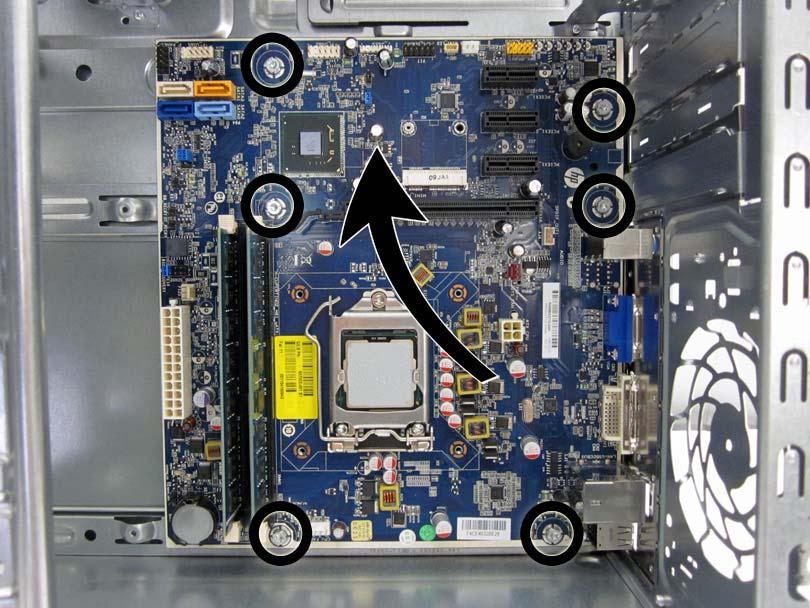 4. Remove any expansion cards (Expansion Cards on page 50). 5. Disconnect all cables from the system board. 6. Remove the six screws that secure the system board to the chassis.