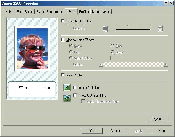 Printer Driver Functions (Windows) Effects Tab (1) (6) (2) (3) (4) (5) (1) Simulate Illustration This function manipulates colour image data with