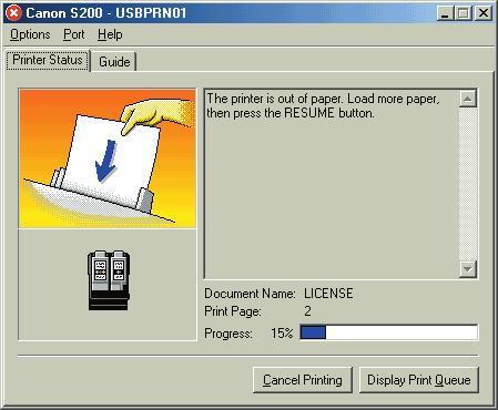 Printer Driver Functions (Windows) When errors occur The BJ Status Monitor is automatically displayed when an error occurs, e.g. if the printer runs out of paper or paper jams.