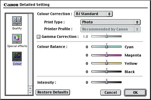Printer Driver Functions (Macintosh) Colour/Color Panel To display the Colour/Color panel, click the Colour/Color display icon.