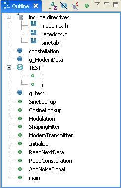 Outline View Shows source scan information for the current source file in the editor Great