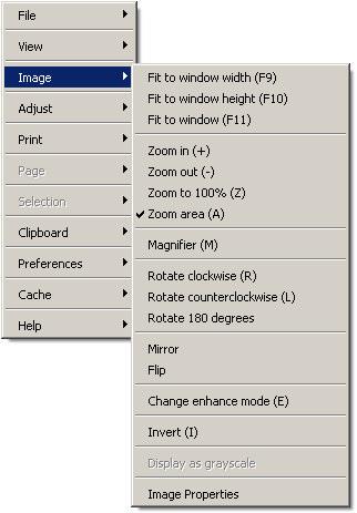 Image menu The image menu provides options to change the zoom factor, magnify, rotate, flip, enhance mode and invert of the displayed image.