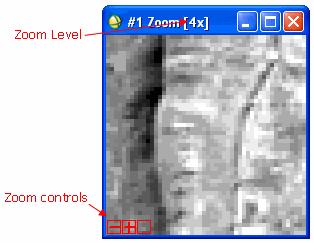 There are three Zoom controls (red by default) in the lower left corner of the Zoom window. These control the zoom factor and the crosshair cursor in both the Zoom and Image windows. 1.