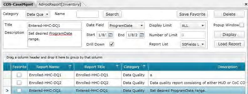 To run the selected AdHoc Report add any needed parameters (such as Start and End date in the example above) and then click the Display button (outlined above).
