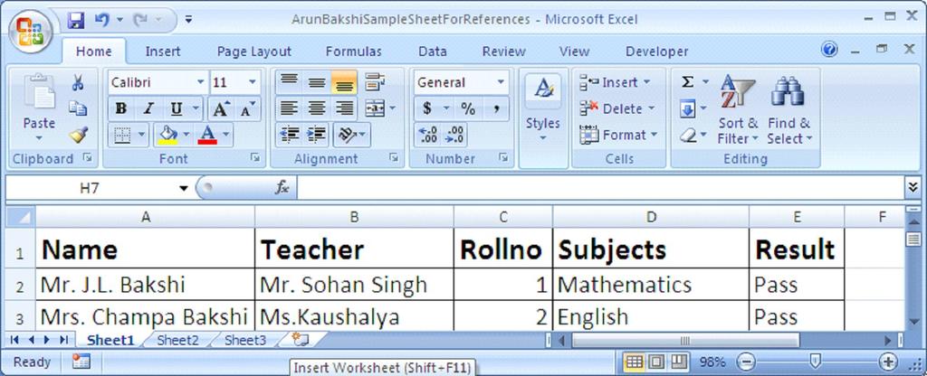 of existing worksheets Click the Insert