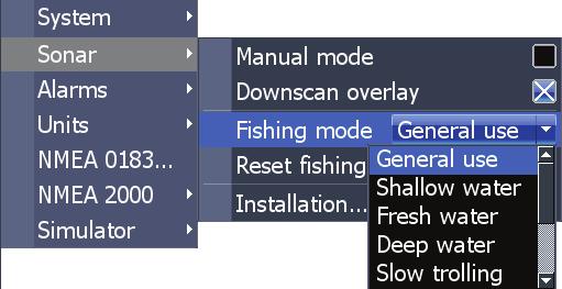 Fishing Modes (Conventional sonar only) Fishing modes enhance the performance of your unit by providing preset packages