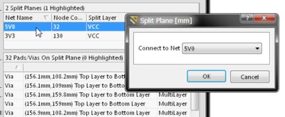 On Split Plane sections of the panel. Double-click on an entry to bring up the Split Plane dialog, from where you can change the net to which the split plane region is connected.