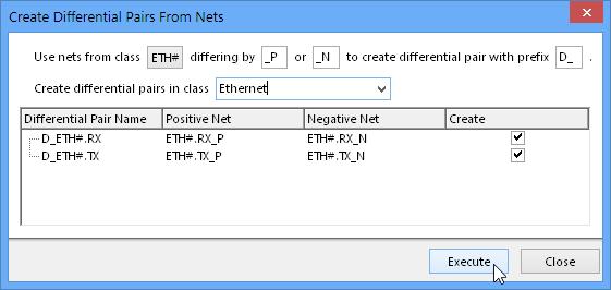 Prospective diﬀerential pair objects are listed for creation in response to the ﬁlter entries at the top of the dialog.