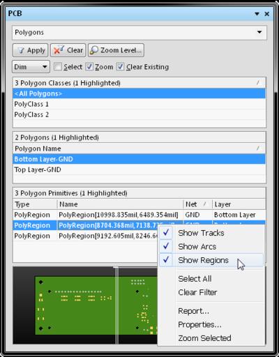 In the PCB panel's Polygon Primitives region, the display/inclusion of each polygon primitive type is dependent on the setting of