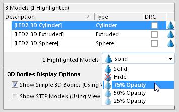 The PCB panel can be used to select display properties for 3D models. The cone icons represent diﬀerent levels of transparency from 100% (hidden) down to 0% (solid) in increments of 25%.