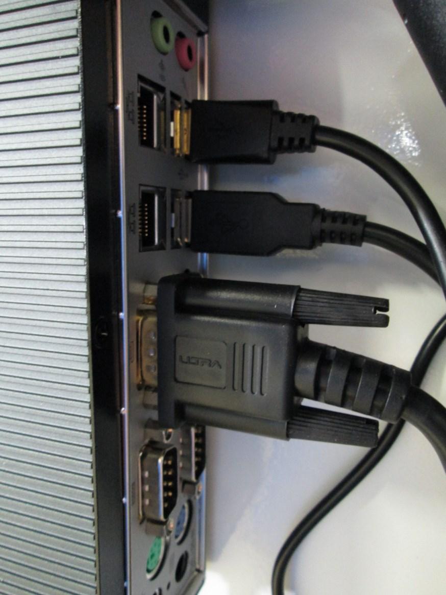 Plug the VGA cable and USB cable from the touch screen into the appropriate connectors as shown below.