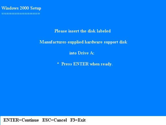 If your hard disk controller is not natively supported by Windows 2000 or XP, press S and the next screen will appear: Insert the diskette provided with your hard disk