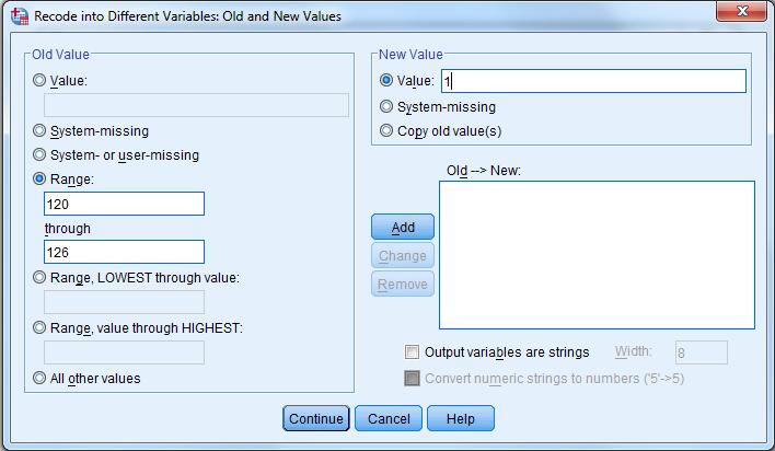 1a) To e.g. recode a text variable into a numerical variable, select Value and type the value you want to recode. 2 1 3 1b) To create one of the intervals, type the range of the interval.