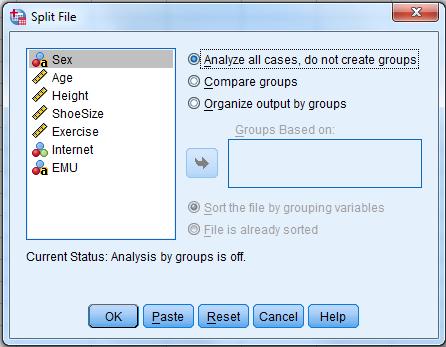 5.10.2 Split the data into separate groups (Split-File processing) To split your data file into separate groups for analysis, choose Data >> Split File from the Menu bar.