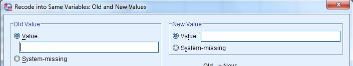 7.3 Missing values Remember to let SPSS know which value(s) that denote missing values. This can be done in two different ways. 7.3.1 Deleting missing values (numerical variables only) 1) Choose Transform >> Recode into Same Variables from the Menu bar.