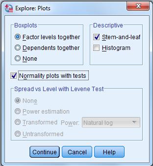 Mark Normality plots with tests Then click Continue to get back to the previous dialog window. Then click OK to produce the Normality plots and tests.