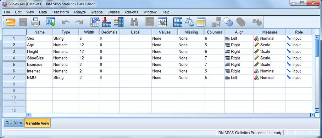 4.2 Variable View (Data Editor window) In Variable View the properties of each variable are displayed.