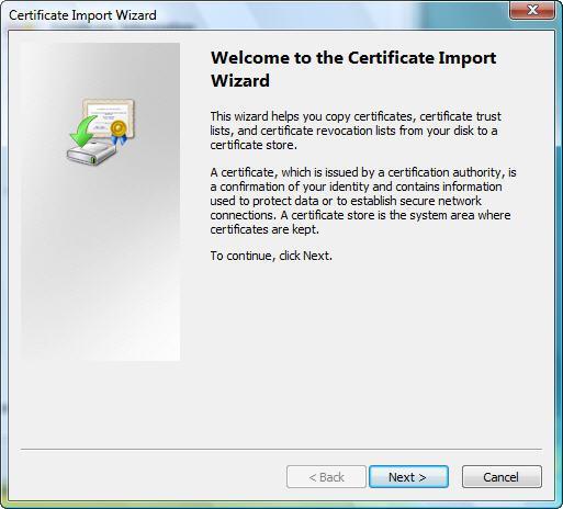 25 In the Welcome to the Certificate Import Wizard window, click the Next