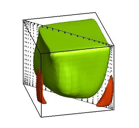 Fig. 11. Visualization of a three-dimensional flow in a lid-driven cubic cavity with a lid moving along a diagonal, at Re=10 3.