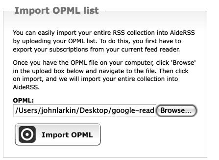 http://blog.larkin.net.au/ Page 8 Once you have located the OPML file it will be listed in the field.
