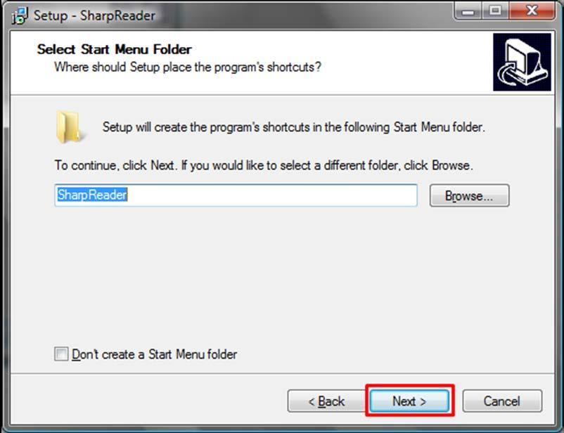 3 8. Select the start menu folder where you would like to create the SharpReader s