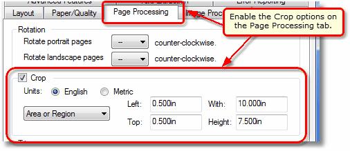2. Click on the Page Processing tab in the Document Properties dialog to access the cropping options. Check the Crop check box to enable the cropping options.