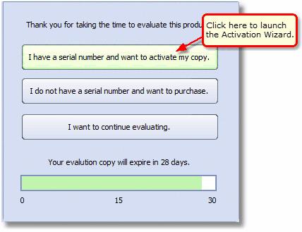 Starting the Activation Process The Activation Status dialog displays different options when your trial period has expired than when you are still in trial mode.
