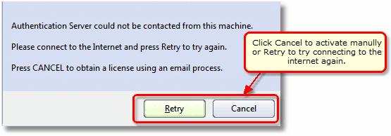 Click the Cancel button to begin the manual activation process, or the Retry button to try connecting to the internet again.